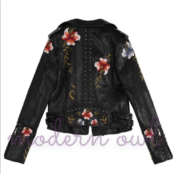New! Black Embroidered Flowers With Stud Faux Leather Motorcycle Style Jacket - Picture 8 of 15